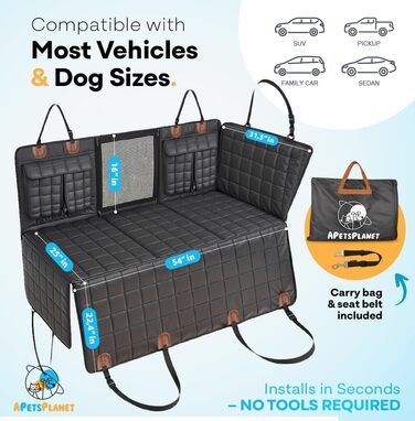 Захисний чохол на сидіння для собак APetsPlanet, жорстка основа, водонепроникний, з кишенею, для авто, позашляховиків, сімейних авто, чорна шкіра, з накладками на двері