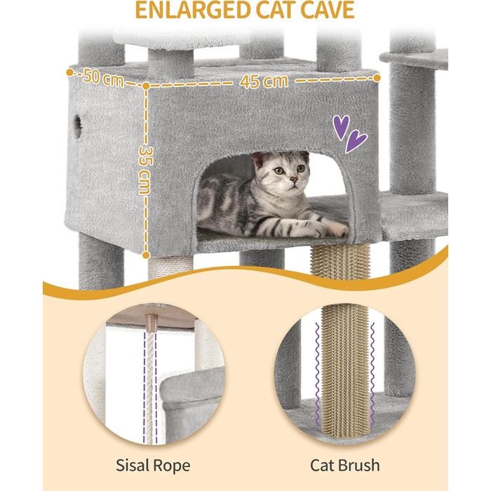 Котячий будиночок Hzuaneri XXL з 10 стовпчиками для дряпання, 2 печерами, 2 гамаками, великою платформою, щітками для котів, кошиком. Підходить для Maine Coon, великих котів, сірий колір MS20018LG
