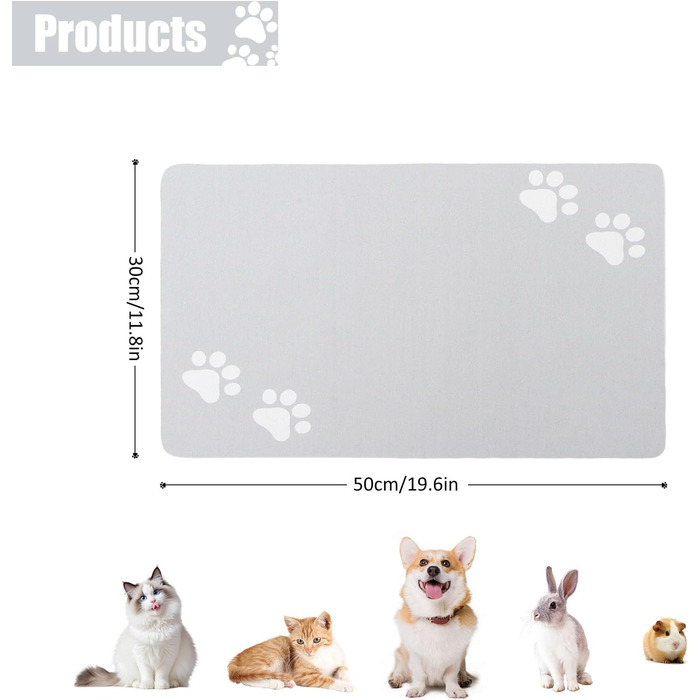 Килимок під миски для собак та котів, суперпоглинаючий, нековзний, миючий, 30x50 см (Світло-сірий)
