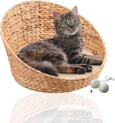 Квіткове ліжко для котів Rohrschneider® з плетеної гіацинту, знімний килимок, миється | Затишне місце для сну кота з високим бортиком
