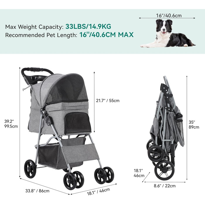 Візок для собак YITAHOME середнього розміру, 4-колісний, з кошиком для зберігання, складний, з тримачем для напоїв (сірий)