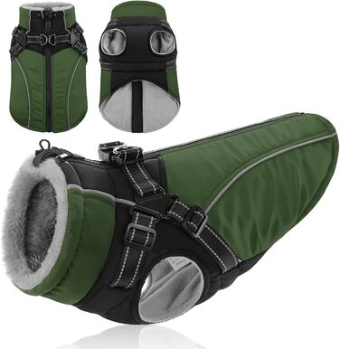 Зимовий теплий одяг для собак Konvinit: куртка з флісу з кріпленням для повідка, світловідбиваюча, для середніх собак, розмір M (53 см обхват грудей), колір зелений