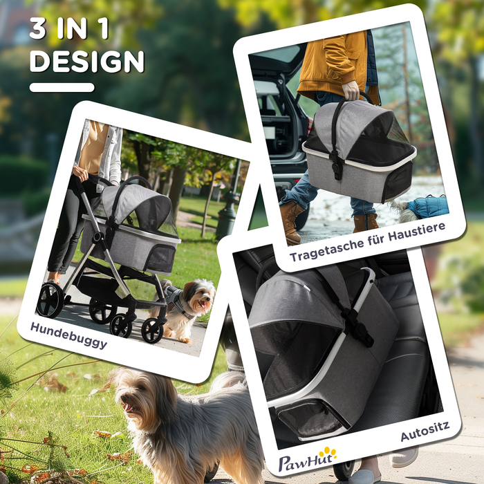 PawHut Dog Buggy 2-в-1 складаний з гальмами та сітчастим вікном, захисні повідці, для собак до 15 кг, світло-сірий