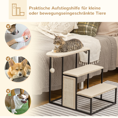 PawHut Pet Stairs 3-ступінчасті сходинки для кішок Сходи для собак з кігтеточкою та ігровим м'ячем зі сталі та сизалю 51x54x53см для котів та собак