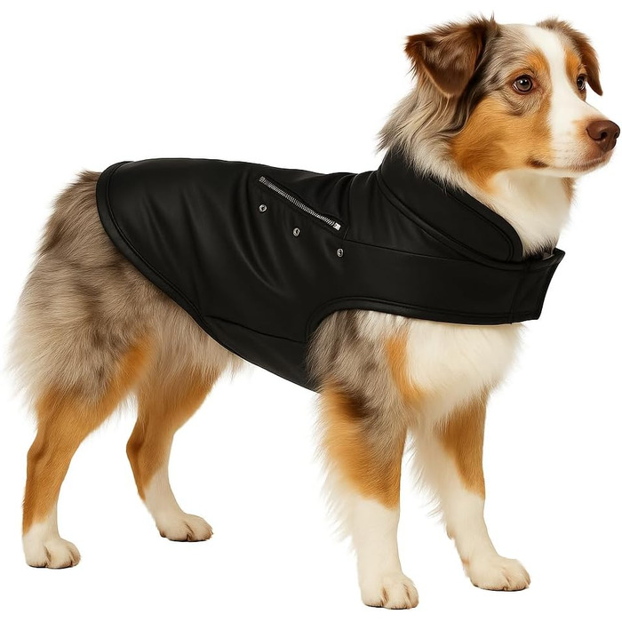 Зимовий одяг для собак – Серхіо – Штучна шкіра з флісовою підкладкою – Фламінго (Чорний, A:55см)