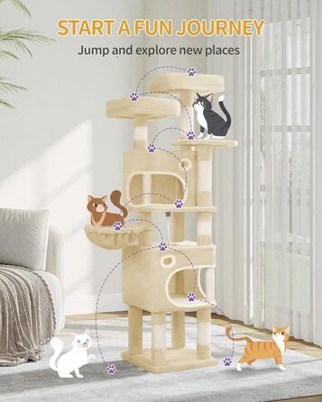 Драбина-кіготь для котів Hzuaneri, 159 см, 8 стовпчиків, 3 платформи, 2 печери, кошик, м'ячики, мотузка, підходить для котів різних розмірів, бежевий MS15918YL L (50 x 40 x 159 см)
