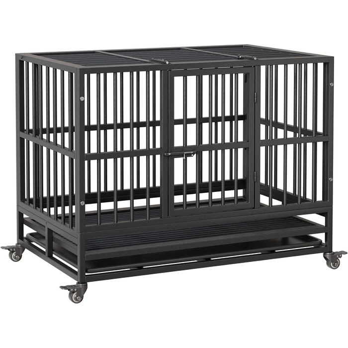 Міцний переносний вольєр для собак, транспортна переноска для великих собак, 94x58.5x74.8 см. Металевий вольєр на 4 колесах з двома дверцятами, знімний піддон. Підходить для малих, середніх та великих собак.