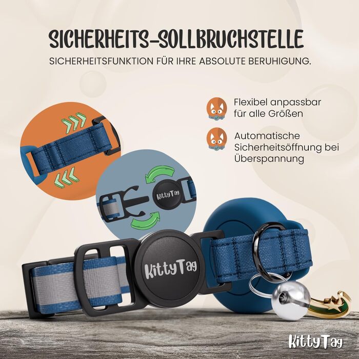 Нашийник для котів KittyTag з аксесуарами, сумісний з Apple Airtag, світловідбиваючий та світосвітний, GPS, захист від задушення, регульований (темно-синій)