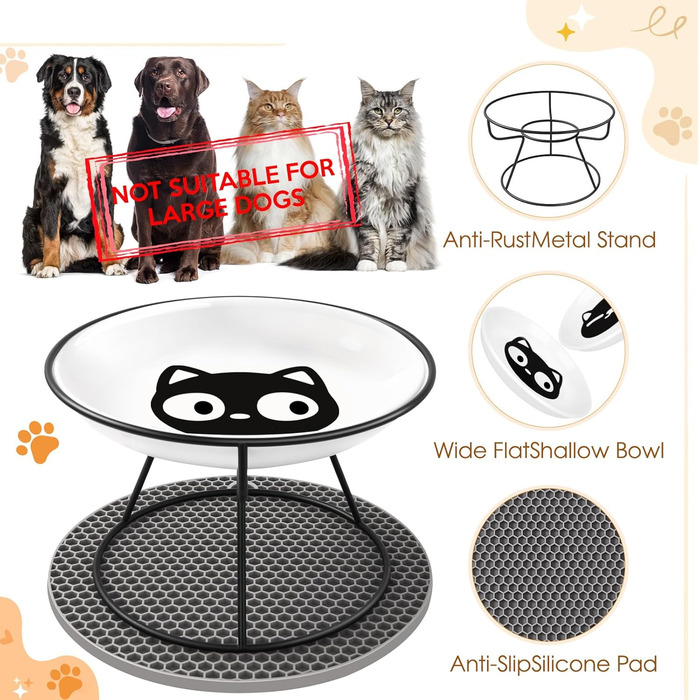 Набір мисок для котів FoiiLiio 2 шт. з кераміки з металевим підставкою 10 см, чорний. Миски для корму та води для котів з підставкою з силікону.
