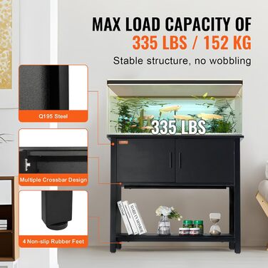 VEVOR акваріумна підставка 40 гал, сталево-MDF, для риб та рептилій, 93x48x80 см, до 152 кг, з шафою та вбудованою панеллю живлення, чорна