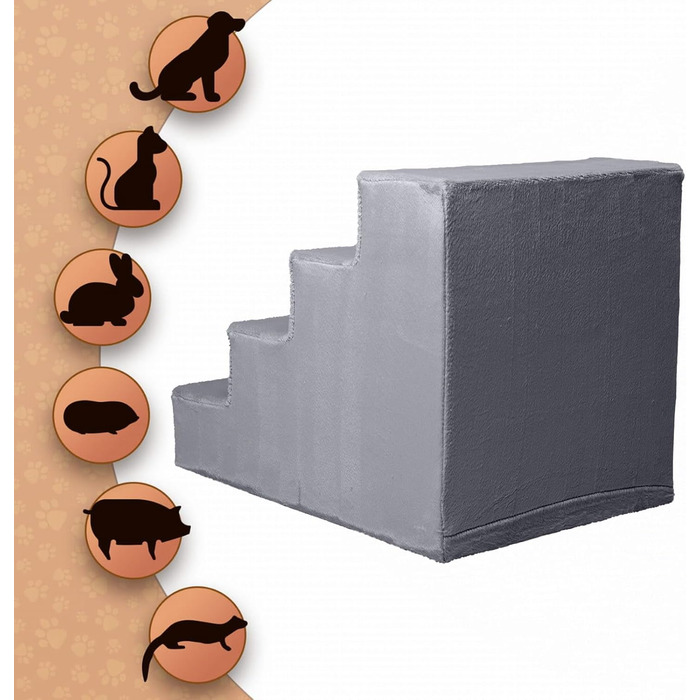 Сходинка для собак Mg Design з 4 ступенями сірого кольору – стабільна дерев'яна рамка, захищає суглоби, легка та мобільна, для диванів та ліжок, для собак та котів. Розміри: 57 x 40.5 x 45 см