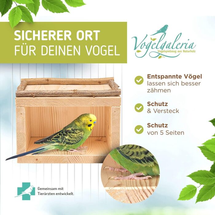Дерев'яний будиночок Vogelgaleria® для птахів – спальне та захисне житло для клітки або вольєра, аксесуар для хвилястих папуг, агапорнісів, корел, дерев'яний будиночок для птахів
