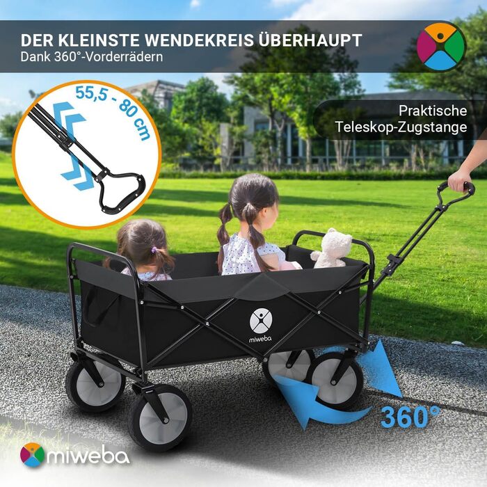 Складаний візок Miweba MB-35 | Вантажопідйомність 120 кг - для дітей, саду, пляжу | Чорний/Темно-сірий