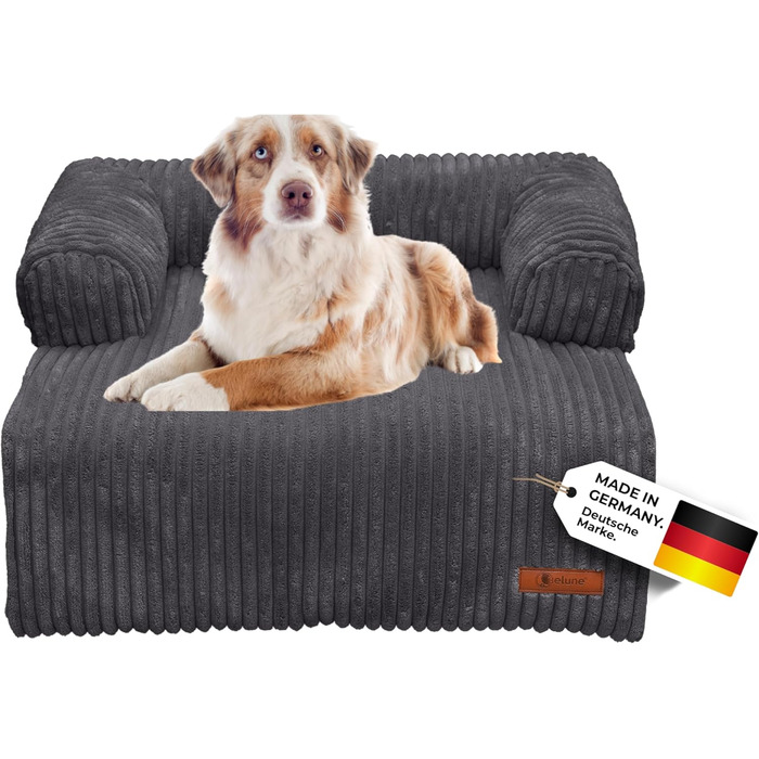Лежак для собак Belune Deluxe, темно-сірий, 80x75 см, плюшевий, праний, для малих і середніх порід, захист дивану