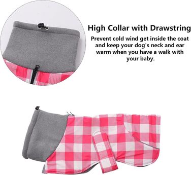 MOREZI Водонепроникна зимова куртка для собак, з флісовою підкладкою, для такс та інших порід, у клітинку рожевого кольору, з регульованим поясом та світловідбиваючими елементами, розмір XS (довжина спини 29-32 см)