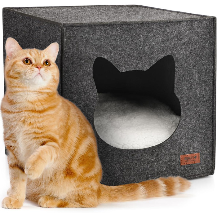М'яке ліжко для котів ReaVET - затишне гніздечко з подушкою I місце для сну котів з м'якими подушками I дуже м'яке та пухнасте I ліжко для котів з фетру (гніздечко для котів)