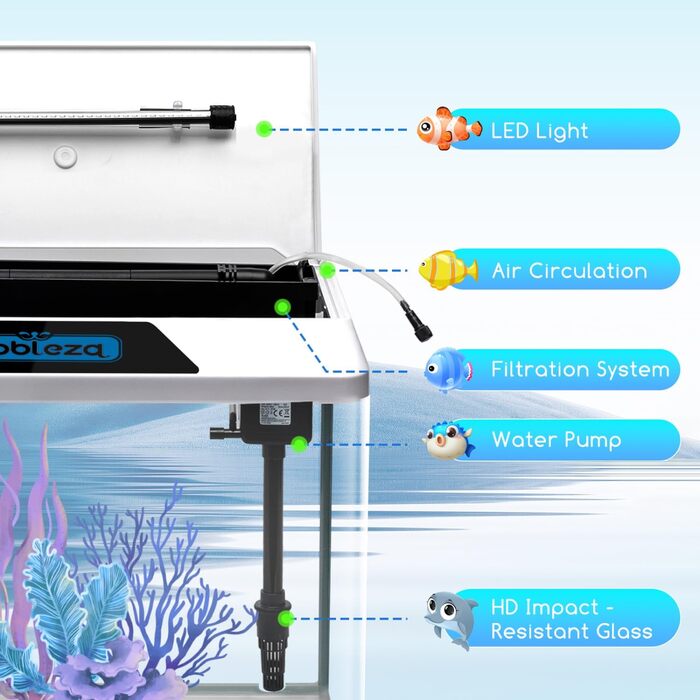 Акваріум Nobleza 54L Комплект: нано-акваріум з LED-підсвічуванням та фільтром, білий