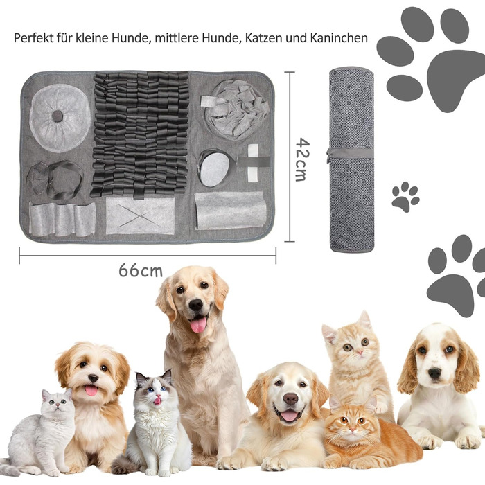 Килимок для собак, 66x42 см [10 VERSTECKE] Інтерактивна іграшка-головоломка, міцний килимок для носа, миється, тренувальний килимок, іграшка для собак будь-якого розміру (сірий)