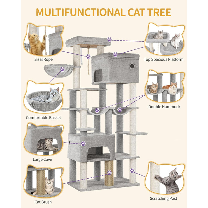 Котячий будиночок Hzuaneri XXL з 10 стовпчиками для дряпання, 2 печерами, 2 гамаками, великою платформою, щітками для котів, кошиком. Підходить для Maine Coon, великих котів, сірий колір MS20018LG