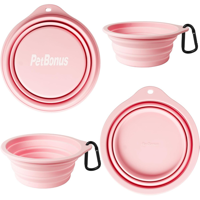Складні миски для собак PetBonus, 2 шт. Силіконові дорожні миски для води та їжі для собак та котів, з карабіном (Сірий, Кремово-рожевий), 1000 мл