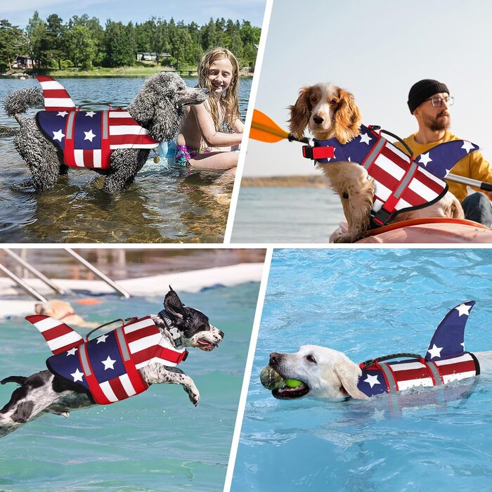 Жилет для плавання для собак Dogcheer з плавниками акули, американським прапором, світловідбиваючими смугами та ручкою для порятунку, регульований, з високою плавучістю, для цуценят, собак середніх та великих порід, червоний та темно-синій