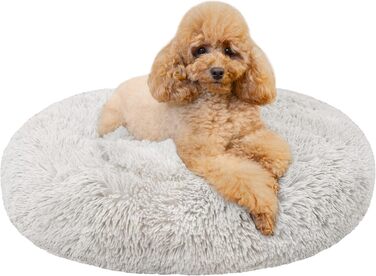 Кругле ліжко для собак та котів, діаметр 60 см, сірого кольору, м'яке, пухнасте, кошик для собак маленьких та середніх порід