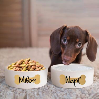 Керамічний двомісний набір мисок з іменем для собак та котів 'Кістка' - персоналізований набір мисок з/без підставки | Миска для собак, миска для котів, годівниця | 2x 500 мл