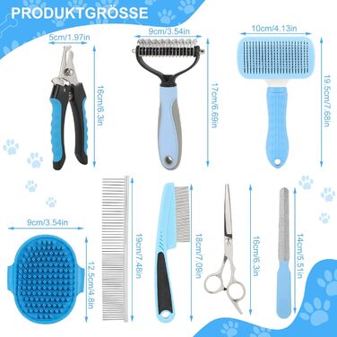 Набір для грумінгу собак та котів (9 предметів) - щітка для самостійного очищення, гребінець для видалення ковтунів, триммер для нігтів з напилком, гребінець від бліх, рукавичка для миття - професійний набір для догляду за шерстю (синій)