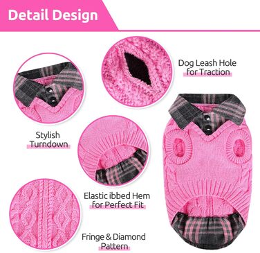 Теплий собачий светр CITE TOILE з візерунком у клітинку, комір-стійка та отворами для повідка – зимовий одяг для собак маленьких, середніх та великих порід, котячий светр на Різдво, Рожевий, XL