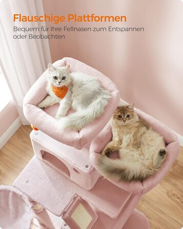 Велика когтеточка для котів Feandrea 168 см, багаторівнева, 13 стовпців, 2 платформи, 2 будиночки, кошик, гамак, ігрові м'ячики, бежевий