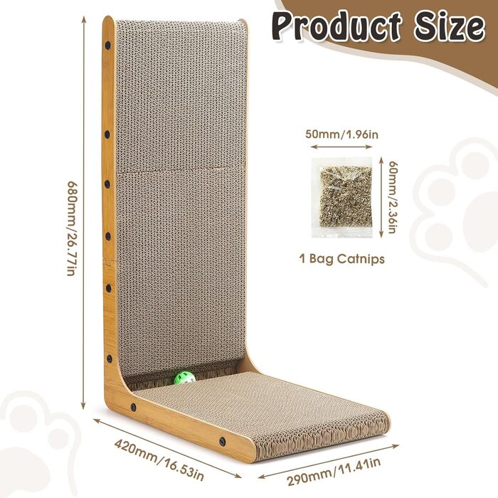 Котяче дряпання - дряпка для котів L-подібної форми, 68 см, з м'ячиком. Ідеально для дому, стін та кутів. Аксесуар для котів