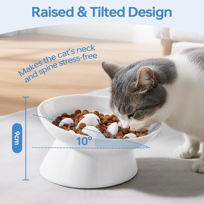 Керамічна миска для котів з підняттям, протиковзаюча, для повільного годування, біла