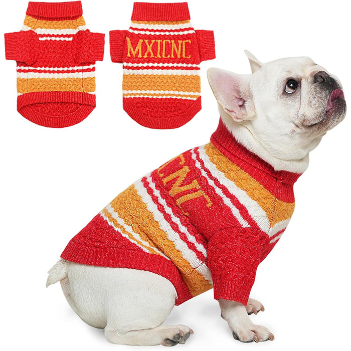Теплий зимовий пуловер для собак та котів (S), червоно-жовтий, з класичним ролкрагом, м'який, для хлопчиків та дівчаток