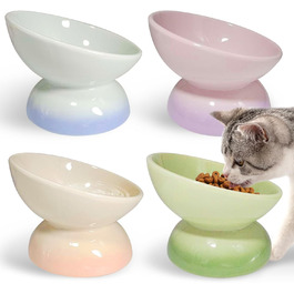 Підвищений годівниця для котів та маленьких собак Kathson, кераміка, нахилена, проти блювоти, 4 шт. (Blue, Green, Purple, Pink)