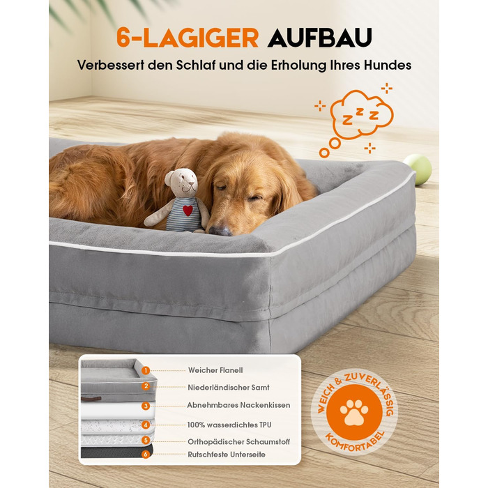 Ортопедичне ліжко для собак XL, корзина для собак, що можна прати, з піною у формі яйця, вологостійкий диван для собак з неслизьким дном та чотиристоронньою подушкою (світло-сірий, 117x76x19 см)