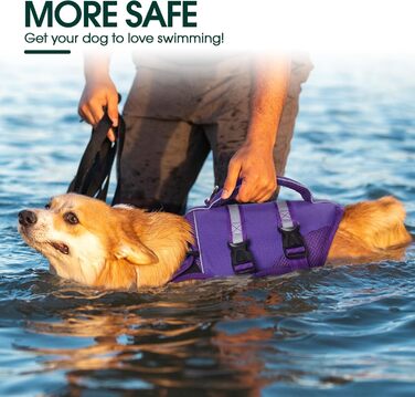 Жилет рятувальний для собак великих порід Kuoser, фіолетовий, з ручкою та світловідбиваючими елементами, регульований