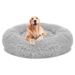 М'яке ліжко-софа для собак Deluxe, кругла, з плюшу, 60 см, світло-сірий колір. Підходить для великих і екстра-великих собак та котів. З водонепроникною основою. Легко миється.