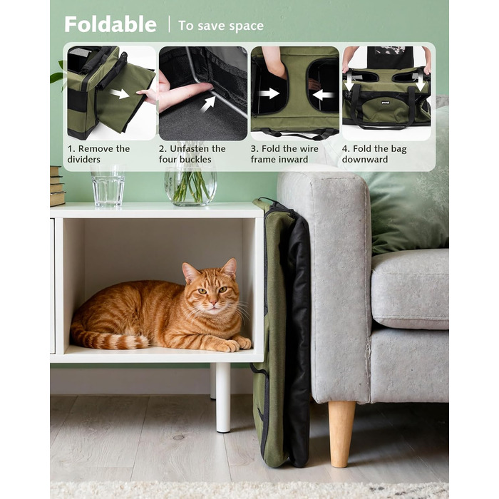 Транспортна переноска для котів Pecute - переноска-торба для 2 котів, стабільна, складана, для подорожей (темно-зелена)