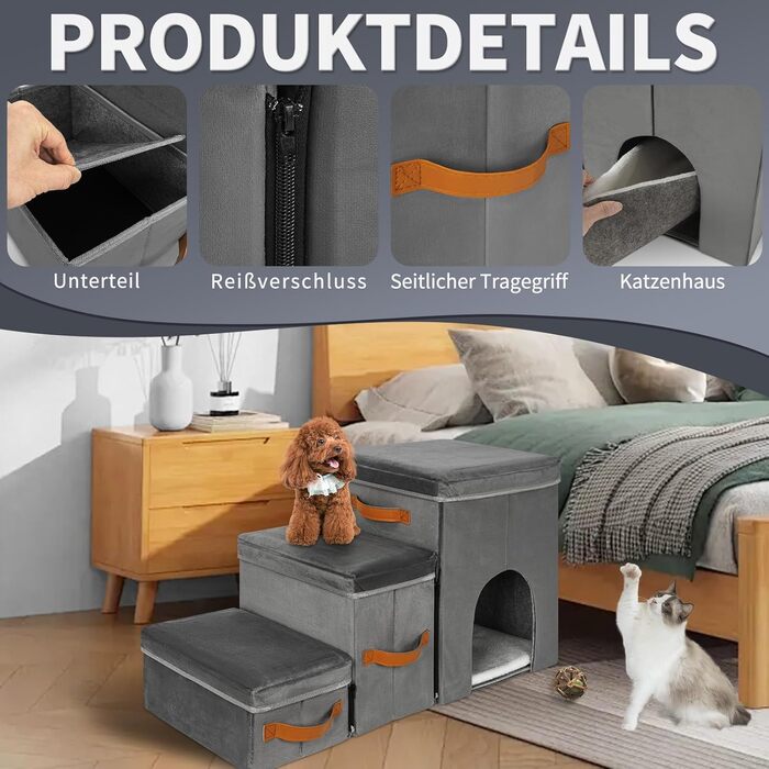 Сходинка для тварин OUUTMEE: складана сходинка для собак та котів з місцем для відпочинку, сіра (3 яруси з гніздом, 3 сходинки)