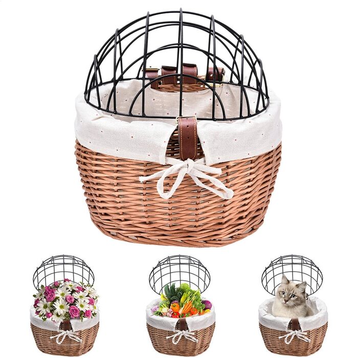 Плетенний велосипедний кошик для котів з дрітчастою кришкою | Велосипедний кошик для тварин з лози | Знімний переносник для собак, цуценят та котів
