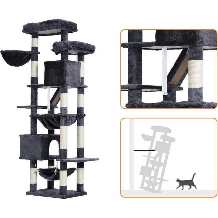 Кігтеточка-вежа для котів Heybly, 180 см, сірий, з 2 платформами, 2 будиночками, 2 гамаками, корзиною та дряпалкою HCT034G
