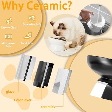 Підвищений годівниця для котів, кераміка, піднятий та нахилений годівниця, проти блювоти, без стресу, для котів та маленьких собак, 150 мл, чорний, 1 шт.