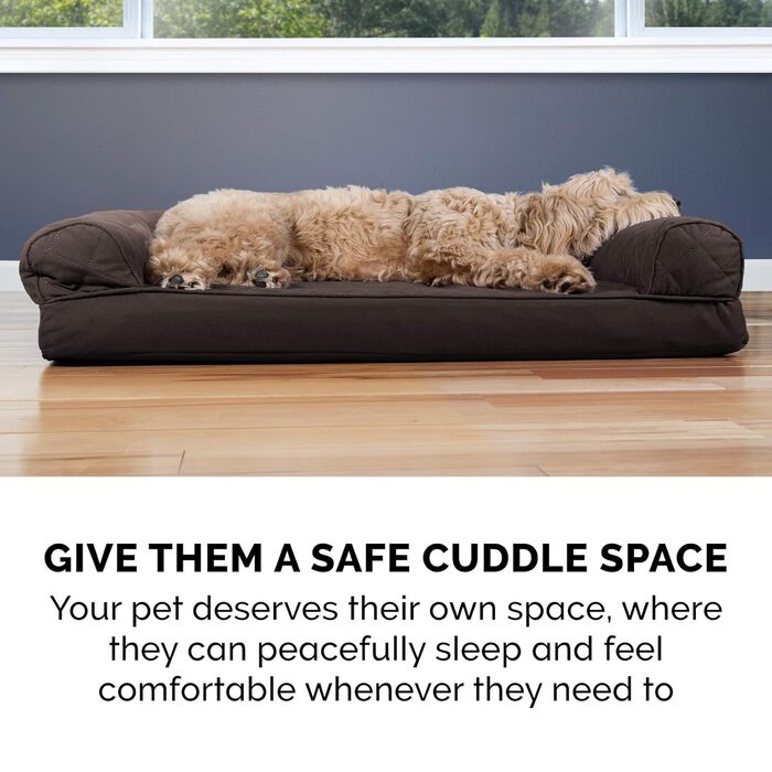 Ляжка для собак Furhaven велика ортопедична, стиль дивана, знімний чохол, колір кавовий, розмір L 91 x 69 x 17 см, ортопедична піна
