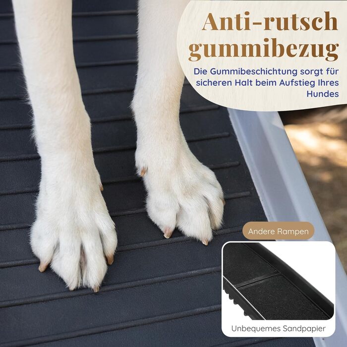 Рампа для собак у машину, складана – 174 см, 38 см – протиковзка гумова поверхня, для великих собак – стійка сходинка для авто та SUV – вантажопідйомність 136 кг – чорна (світло-сіра)