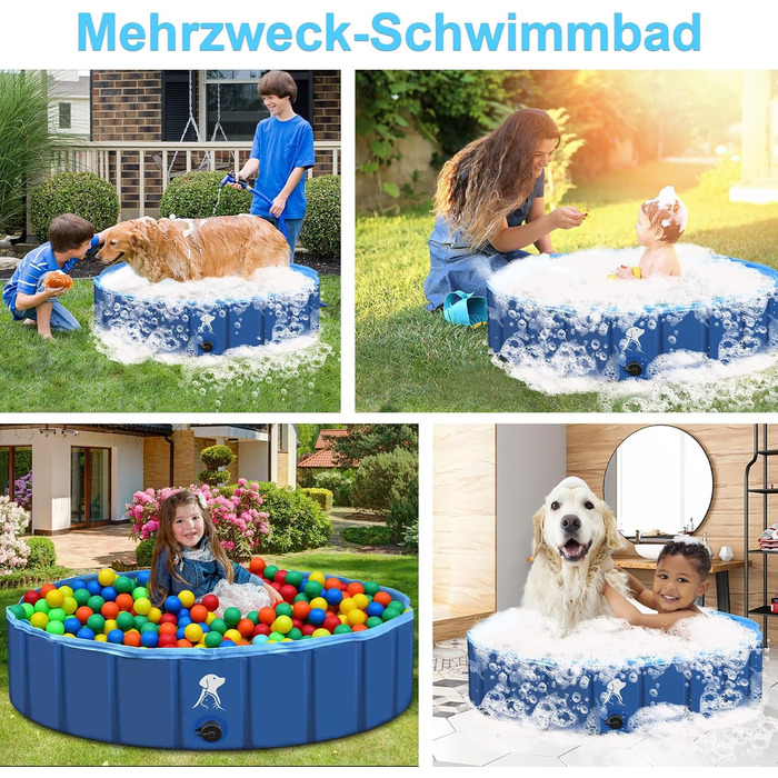 Складаний басейн для собак Fwiull 160×30 см, протиковзкий, для великих і малих порід, синій, портативна ванна для домашніх тварин і дітей