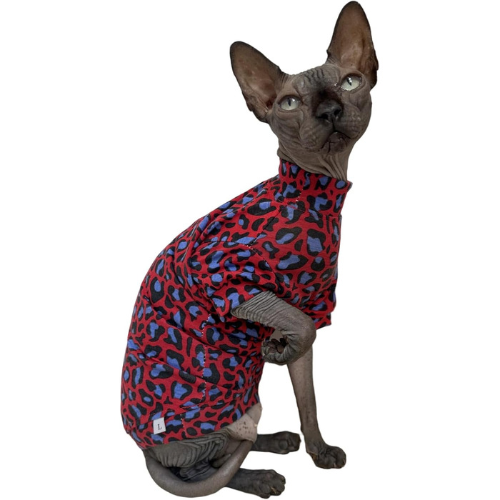 Футболка для собак Sphynx, бавовна, без хутра, круглий комір, леопардовий принт, розмір L (3,5–4,5 кг), синьо-червоний леопардовий принт