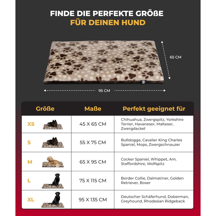 Лежак для собак HS-Hundebett® M 65x95 см, двосторонній, зручний, з 3 см наповнювачем, для дивану, авто та клітки, бежевий з лапкою, вироблено в Німеччині