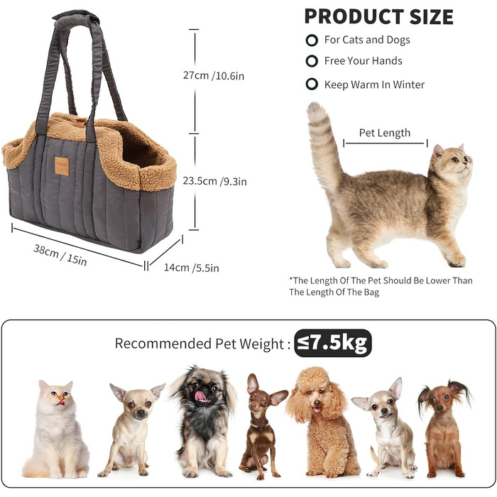 PETCUTE Сумка-переноска для собак та котів, сіра, складна, з гачком безпеки