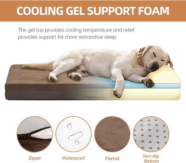 Ортопедичне ліжко для собак, велике ліжко з подушкою, товстий гель-мемфорний пінопласт, фланелева тканина, зносостійкий, водонепроникний чохол та знімний, пральний чохол з антиковзною основою (117 x 74 x 20 см, коричневий)