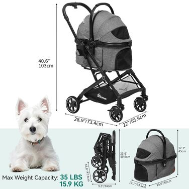 Візок для собак YITAHOME - переносна коляска для маленьких собак та котів (до 15.9 кг), сірий